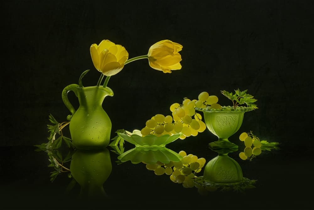 Yellow Tulips Green Grapes by Lydia Jacobs — canvas wall art