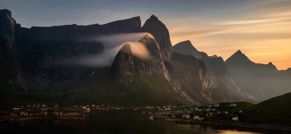 Misty Fjord Village Sunset by Wojciech Kruczynski — canvas wall art