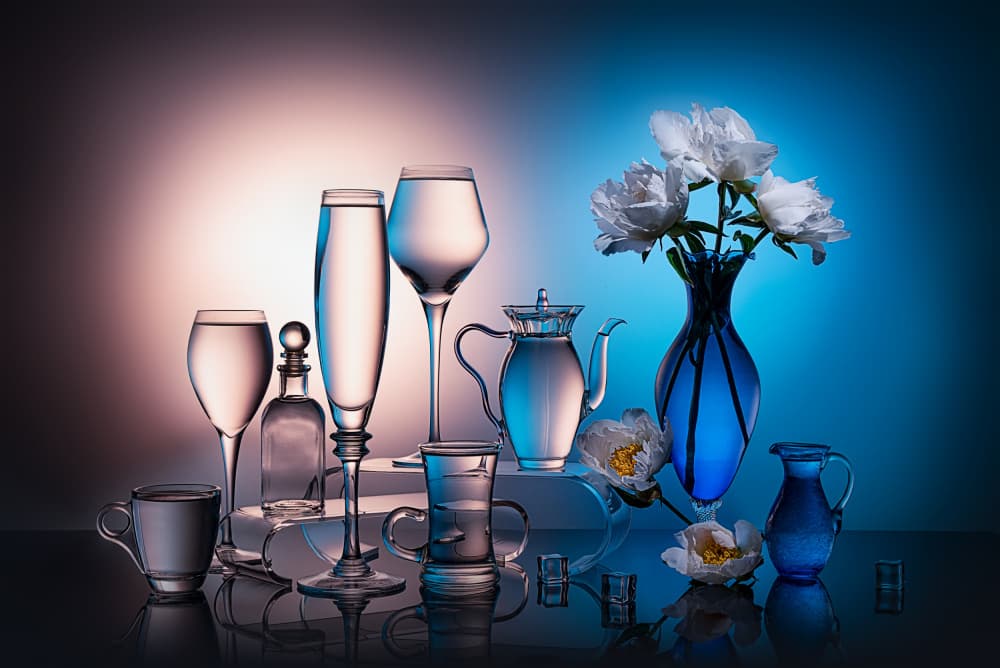 Blue Glow Glass and Peonies by Lydia Jacobs — canvas wall art