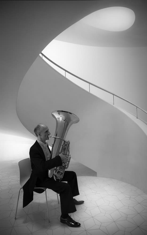 Musician in Modern Architecture by Anna Niemiec — canvas wall art