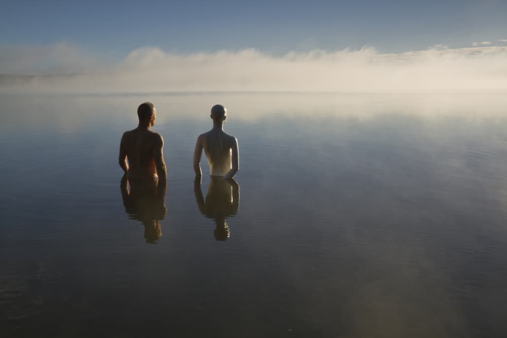 Misty Lake Figures Dawn by Leszek Paradowski — canvas wall art
