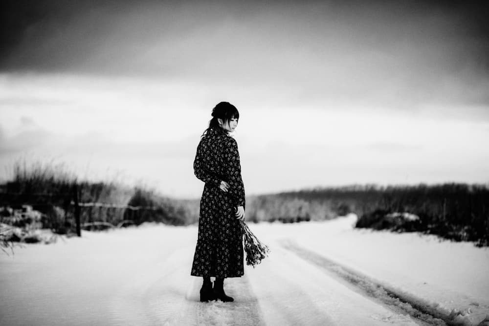 Solitary Woman Snowy Path by Nobu Ishijima — canvas wall art