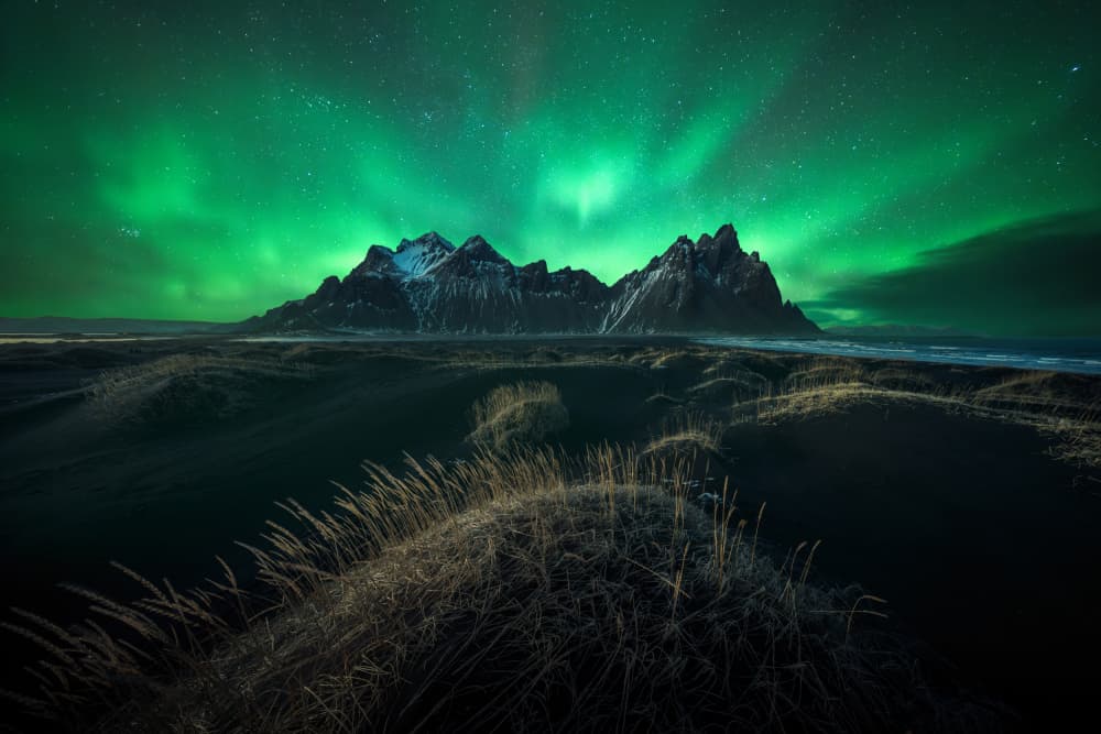 Green Aurora Mountain Peaks by NingYun Ye — canvas wall art