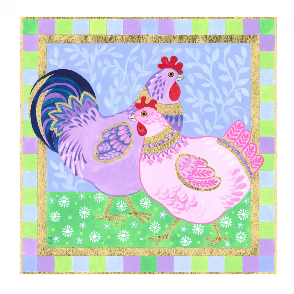 Pink Hen and Purple Cockerel by Isabelle Brent — canvas wall art