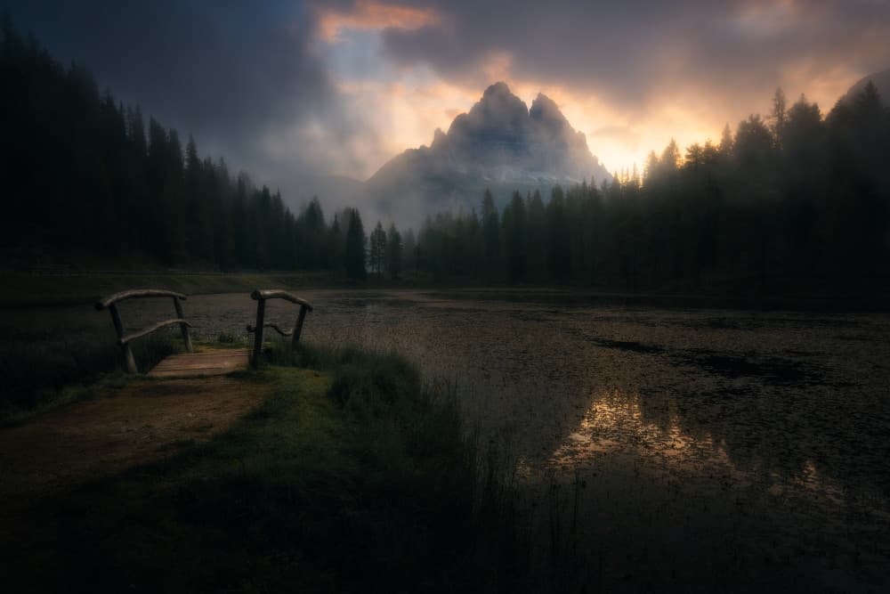 Misty Mountain Lake Bridge by Thomas de Franzoni — canvas wall art