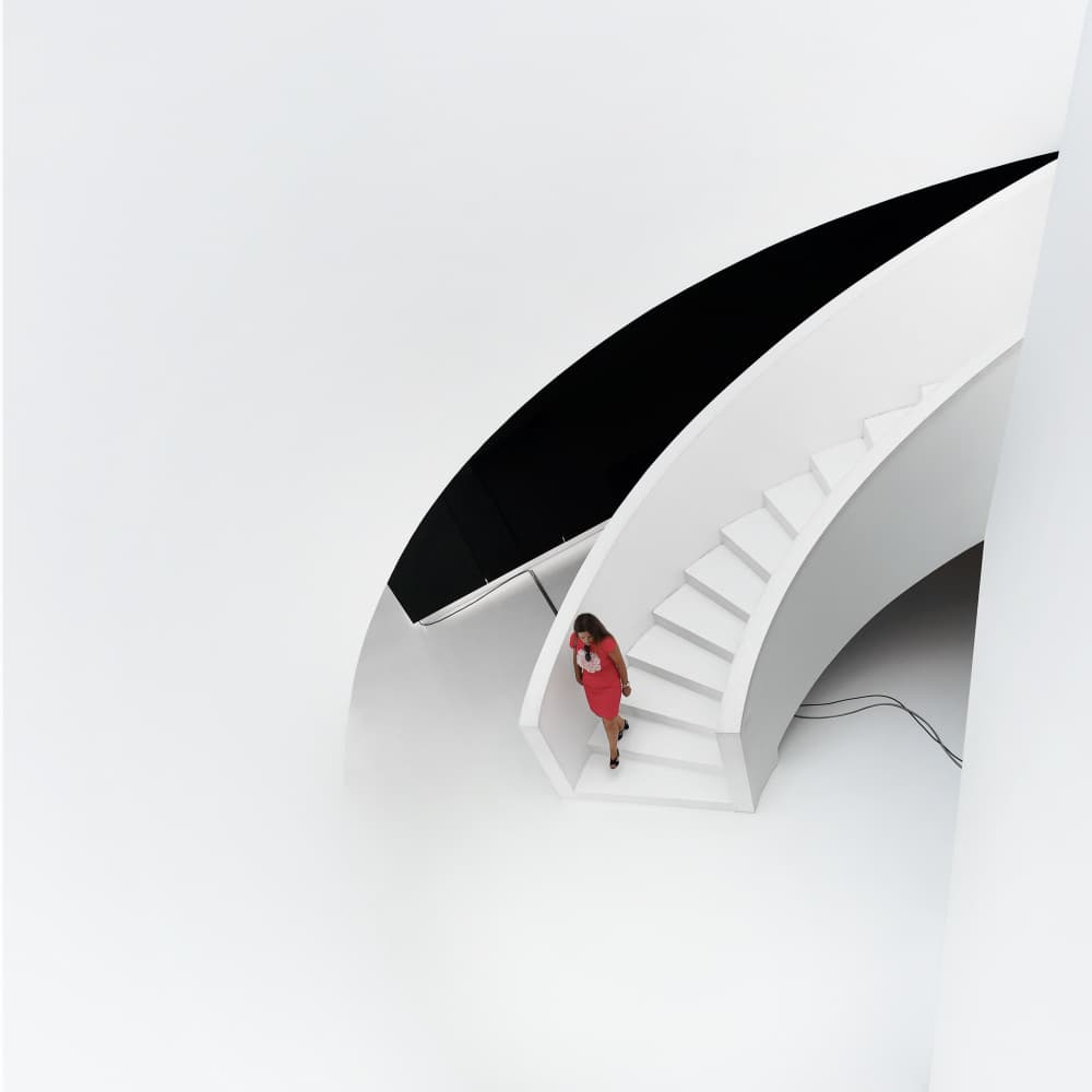 Red Dress White Stairs by Jorge Pimenta — canvas wall art