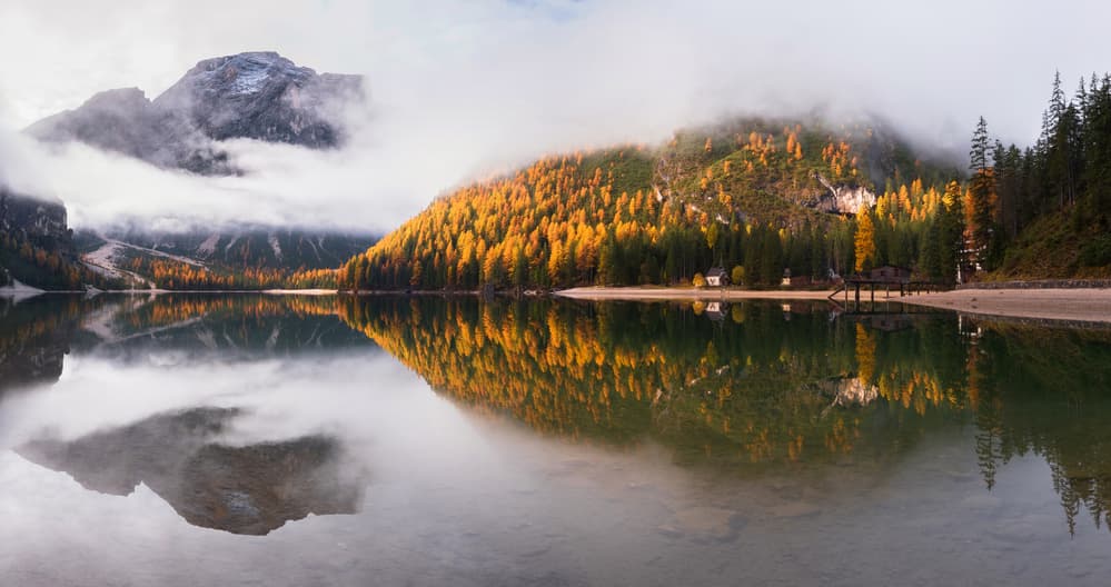 Misty Autumn Lake Reflection by Ales Krivec — canvas wall art