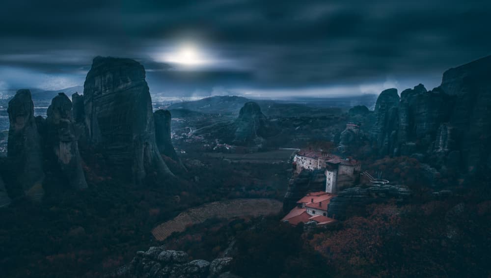 Meteora Mystic Night by May G — canvas wall art