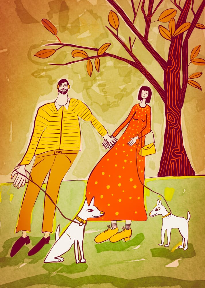 Couple Walking Dogs by Sharyn Bursic — canvas wall art