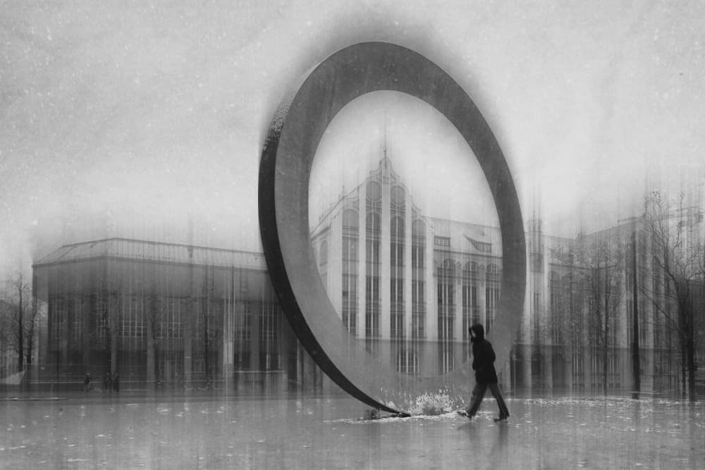 Rainy Urban Sculpture by Roswitha Schleicher-Schwarz — canvas wall art