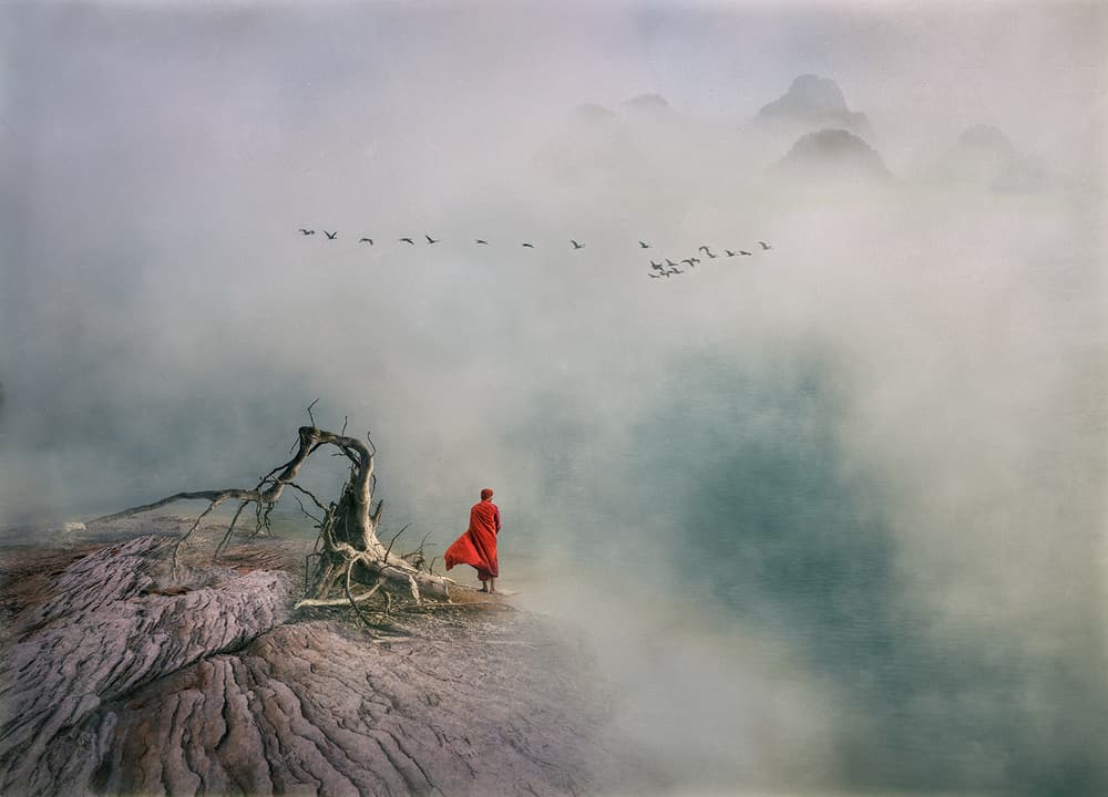 Monk in Misty Mountains by Shenshen Dou — canvas wall art