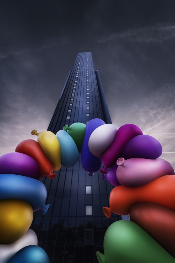 Colorful Balloons Cityscape by Jorge Ruiz Dueso — canvas wall art