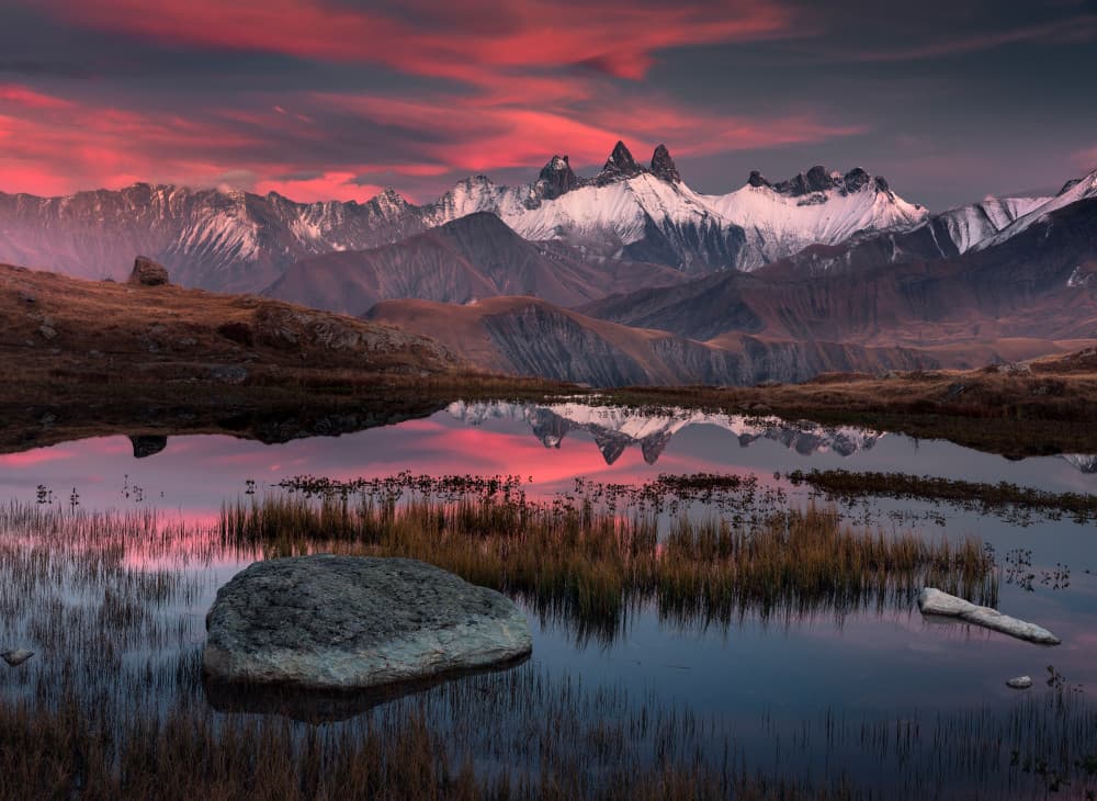 Red Sky Mountain Reflection by Karol Nienartowicz — canvas wall art