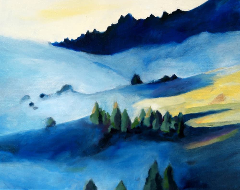 Misty Blue Mountainscape by Claire Whitehead — canvas wall art