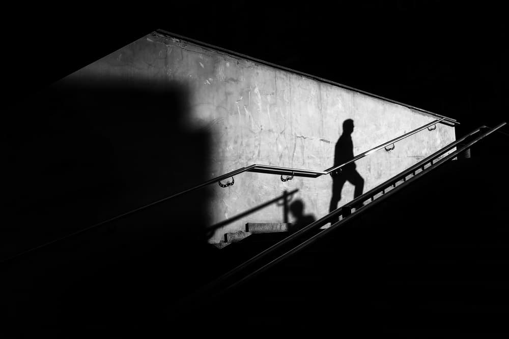 Shadow Man Ascends Stairs by Mirela Momanu — canvas wall art