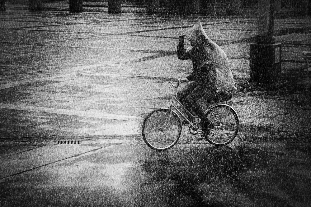 Rainy Day Cyclist by Damijan Sedevcic — canvas wall art