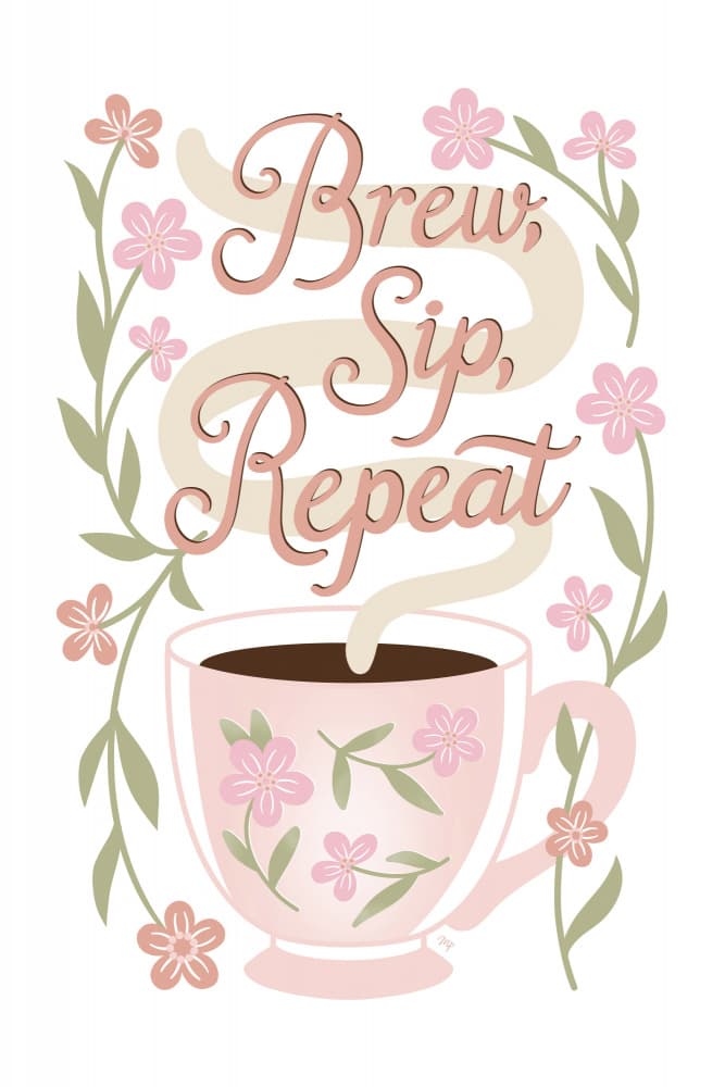 Brew Sip Repeat Floral by Martina — canvas wall art