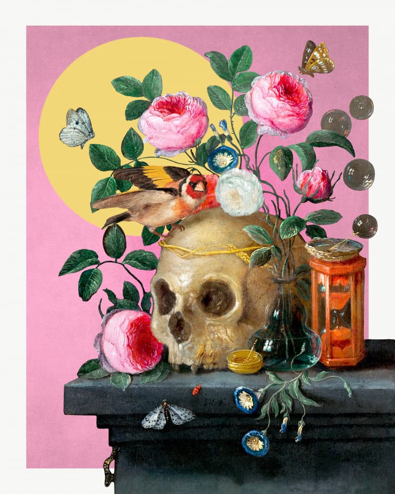Flowering Skull Still Life by Marja van den Hurk — canvas wall art