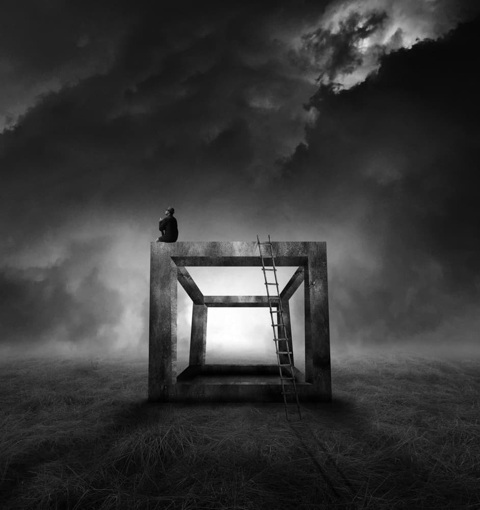 Contemplative Man On Cube by Hari Sulistiawan — canvas wall art
