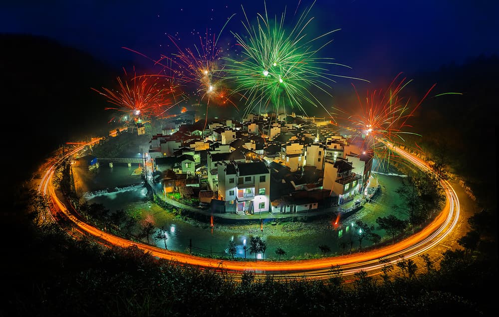 Festive Village Night by Hua Zhu — canvas wall art