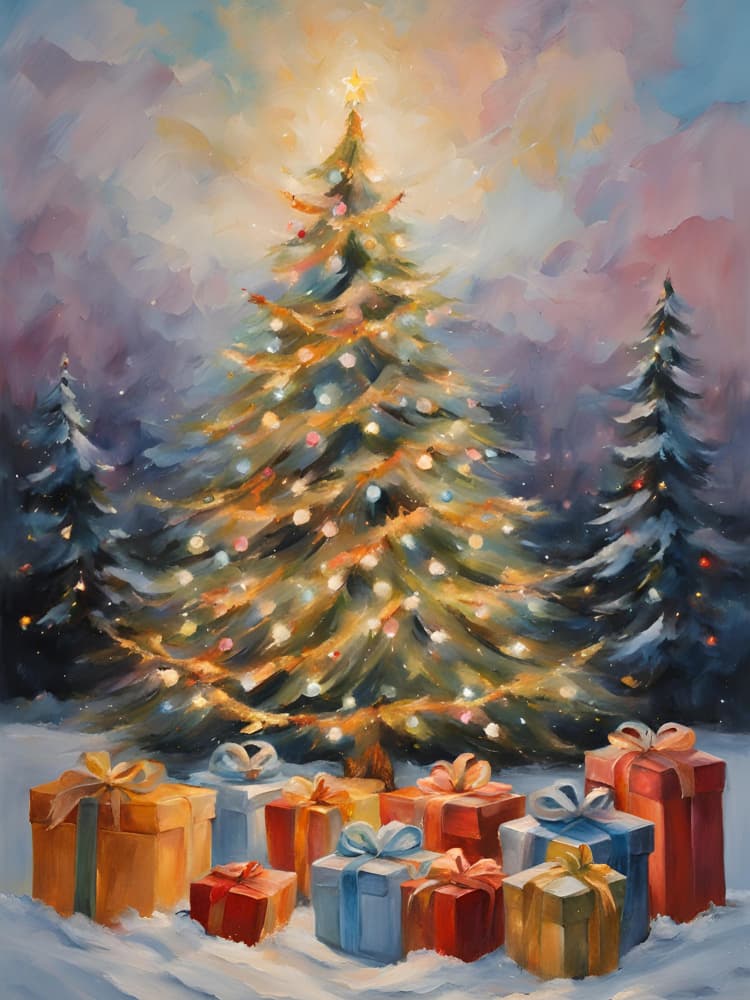 Festive Winter Tree Gifts by Ohkimiko — canvas wall art
