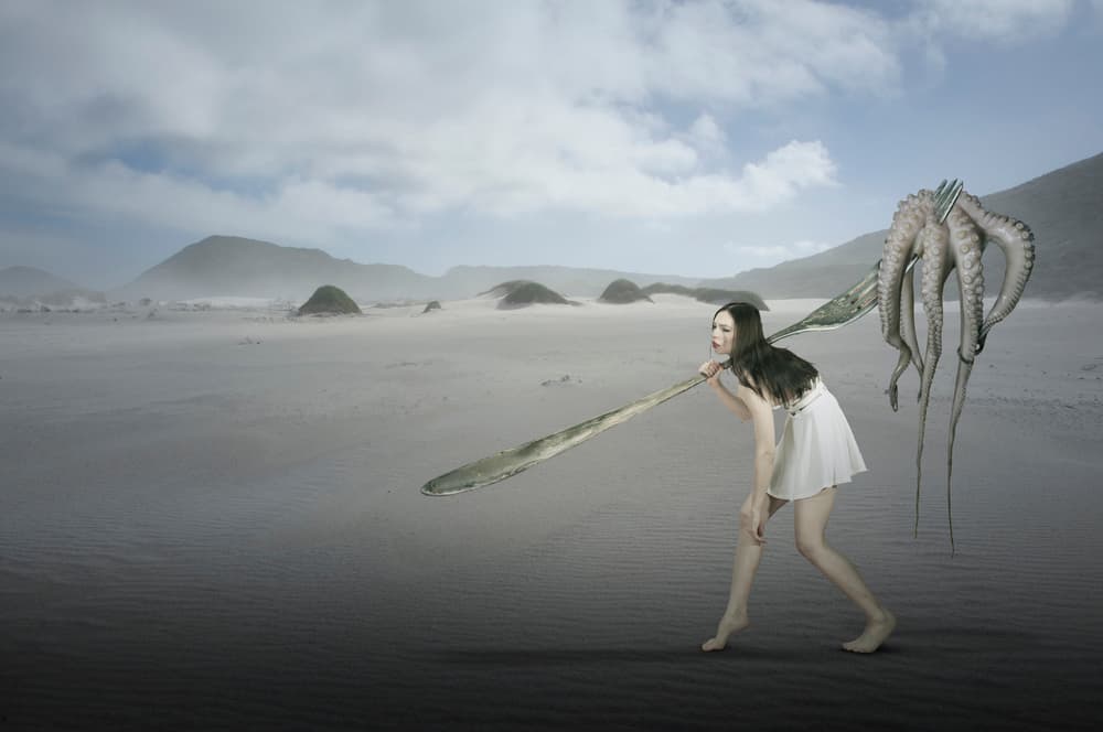 Surreal Octopus Beach Wanderer by Christine von Diepenbroek — canvas wall art
