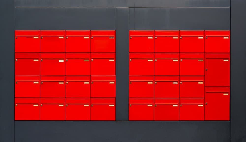 Geometric Red Mailboxes by Roland M Schwerdtfeger — canvas wall art