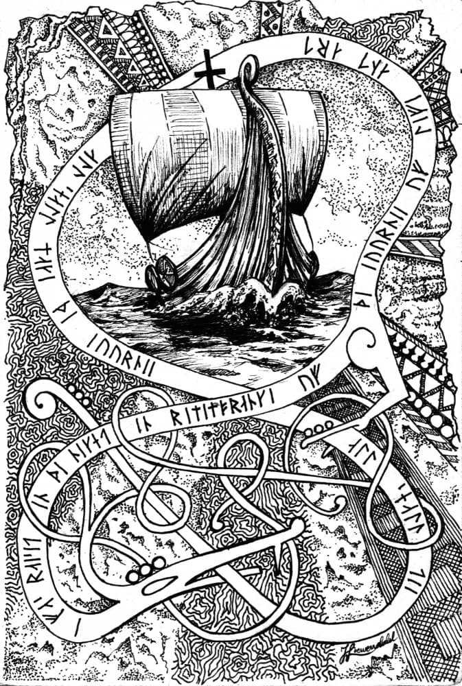 Norse Runic Longship by Johan Liewendahl — canvas wall art