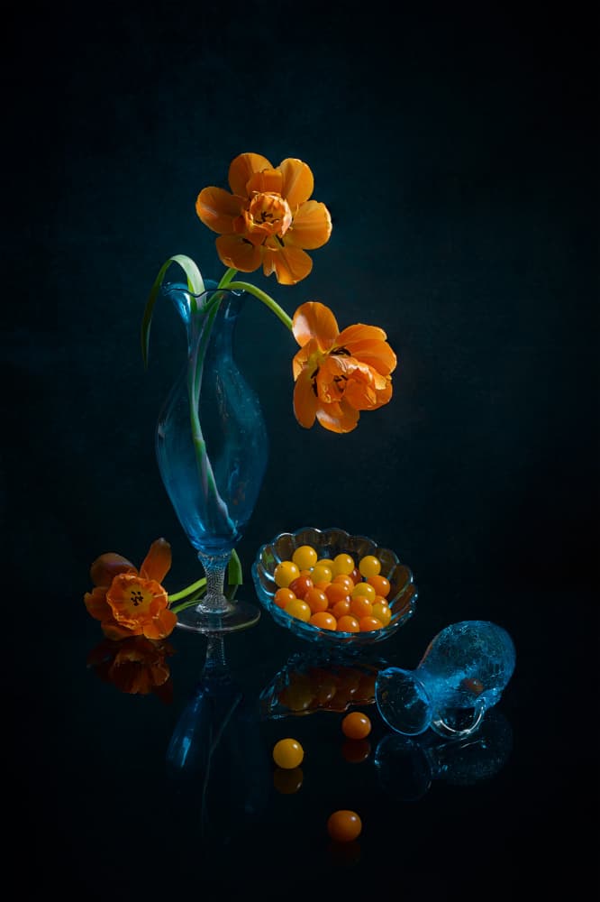 Orange Blooms Blue Glass by Lydia Jacobs — canvas wall art