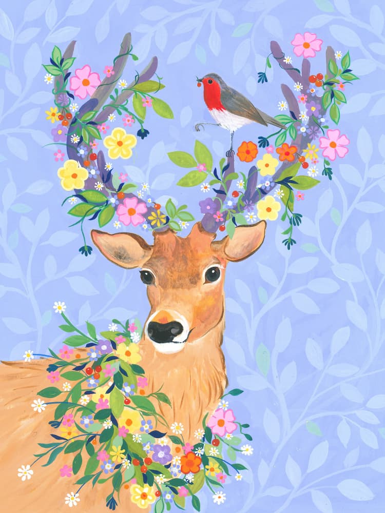Deer With Floral Antlers And A Bird by Isabelle Brent — canvas wall art