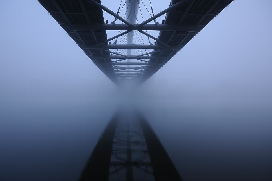 Misty Bridge Reflection by paralaxa — canvas wall art