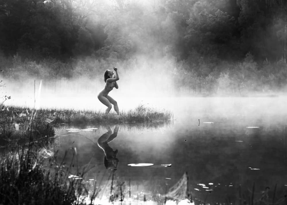 Graceful Nude Misty Lake by Leszek Paradowski — canvas wall art