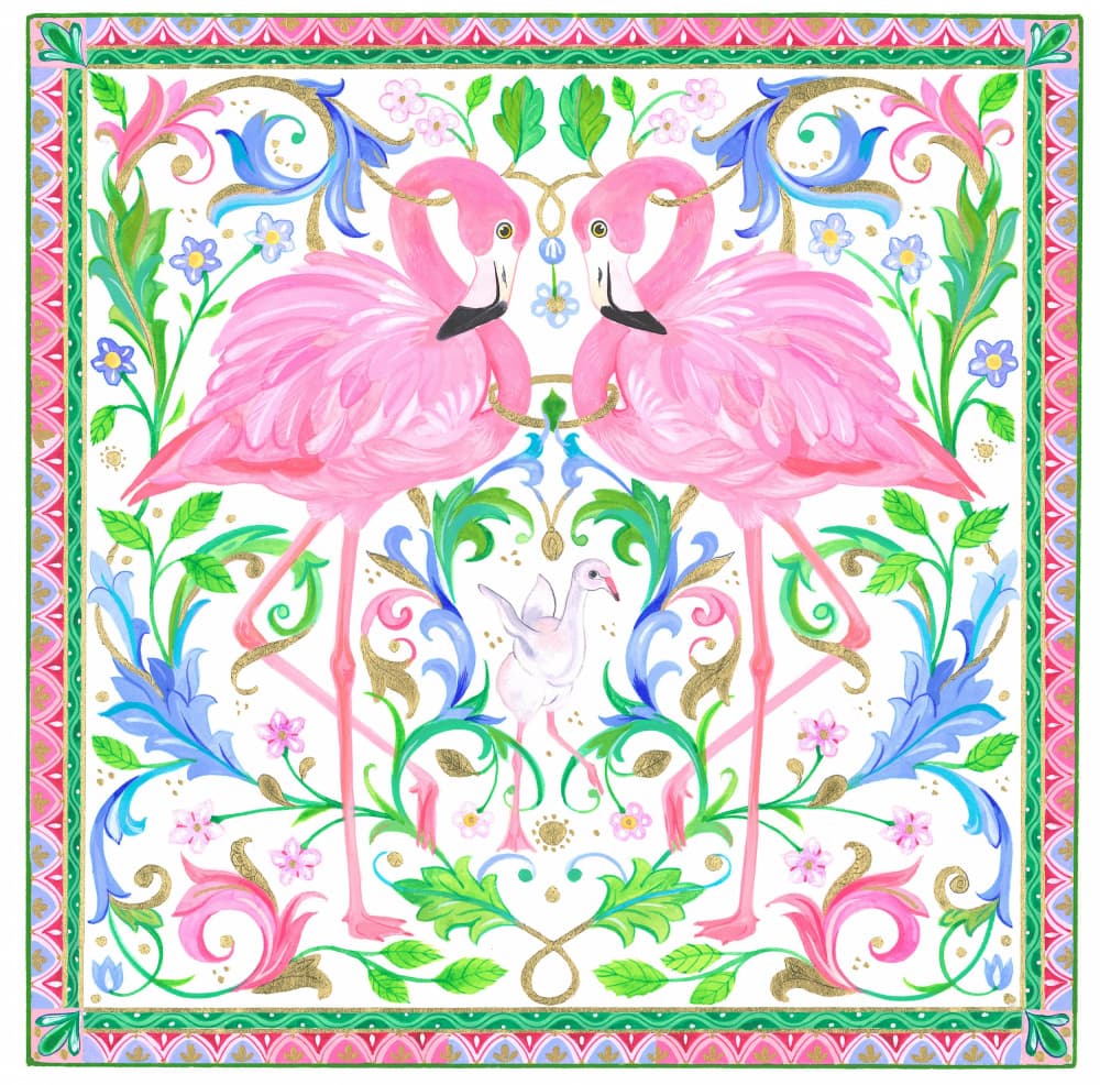Two Pink Flamingos Amidst Intricate Floral Patterns by Isabelle Brent — canvas wall art