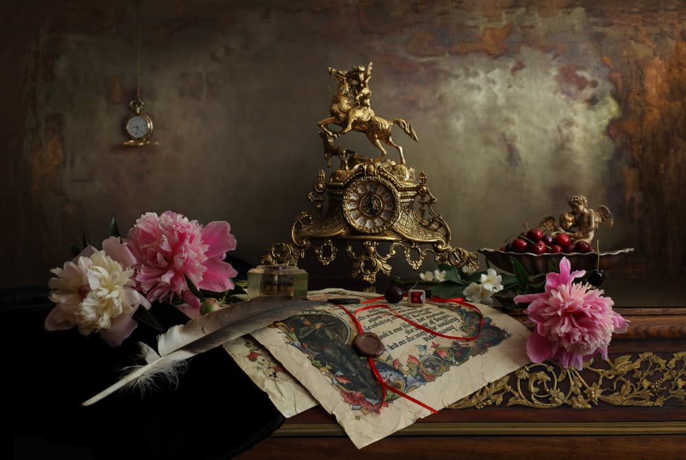 Golden Clock Peony Still Life by Andrey Morozov — canvas wall art