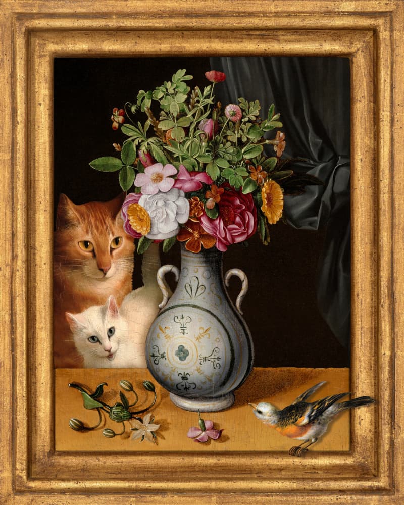 Charming Cats and Flowers by Marja van den Hurk — canvas wall art