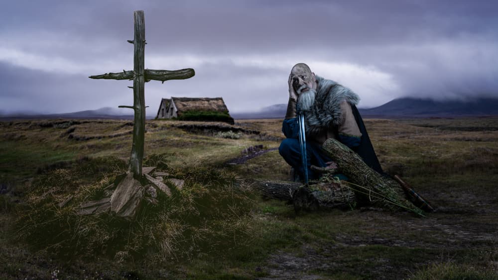 Viking at Weathered Cross by Ineke Mighorst — canvas wall art