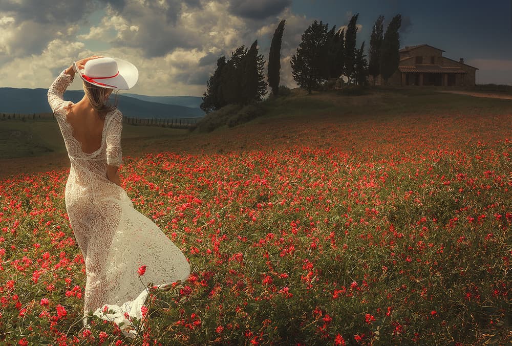 Elegant Woman Poppy Field by Paolo Lazzarotti — canvas wall art