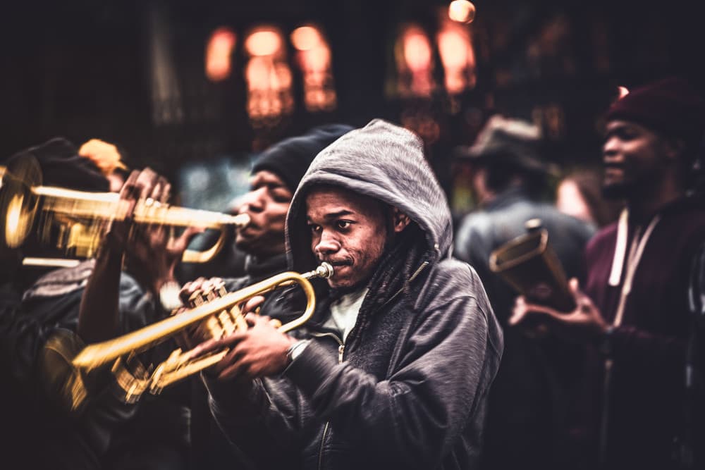 Street Jazz Trumpeters by Marco Tagliarino — canvas wall art