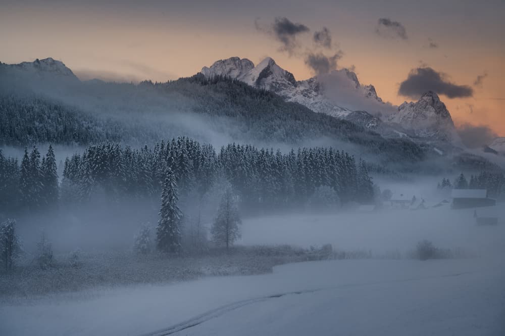 Misty Winter Mountains by Tom Meier — canvas wall art