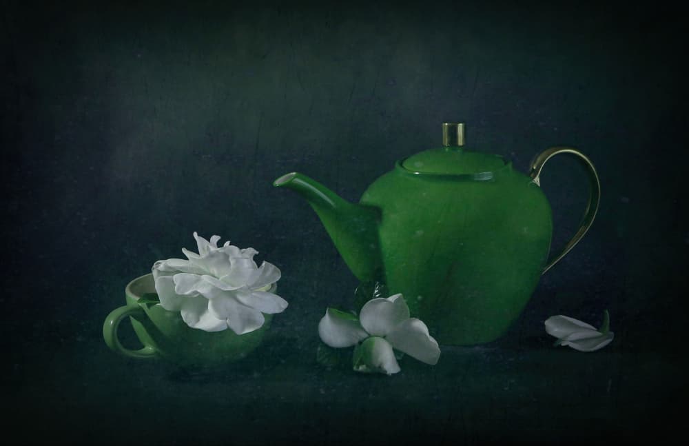 Green Teapot Gardenia by Fangping Zhou — canvas wall art