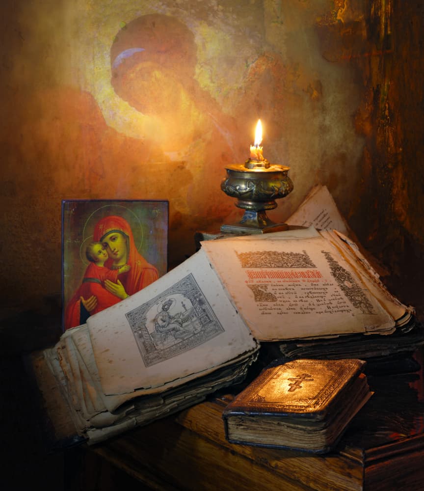 Sacred Books and Candlelight by Andrey Morozov — canvas wall art