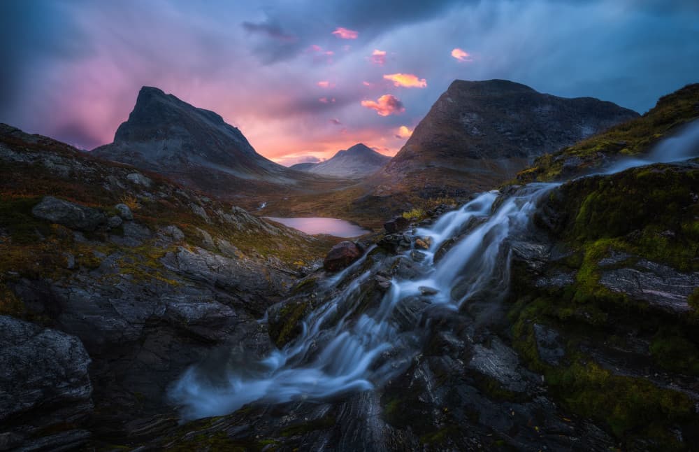 Mountain Sunset Waterfall by Ole Henrik Skjelstad — canvas wall art