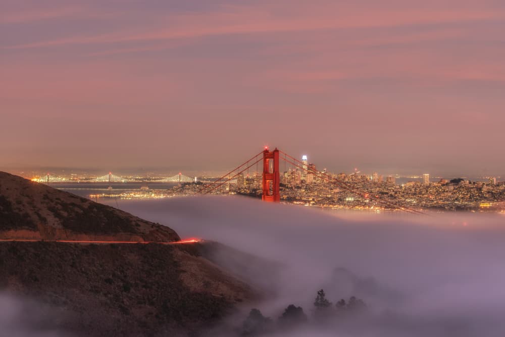 Golden Gate Foggy Night by April Xie — canvas wall art