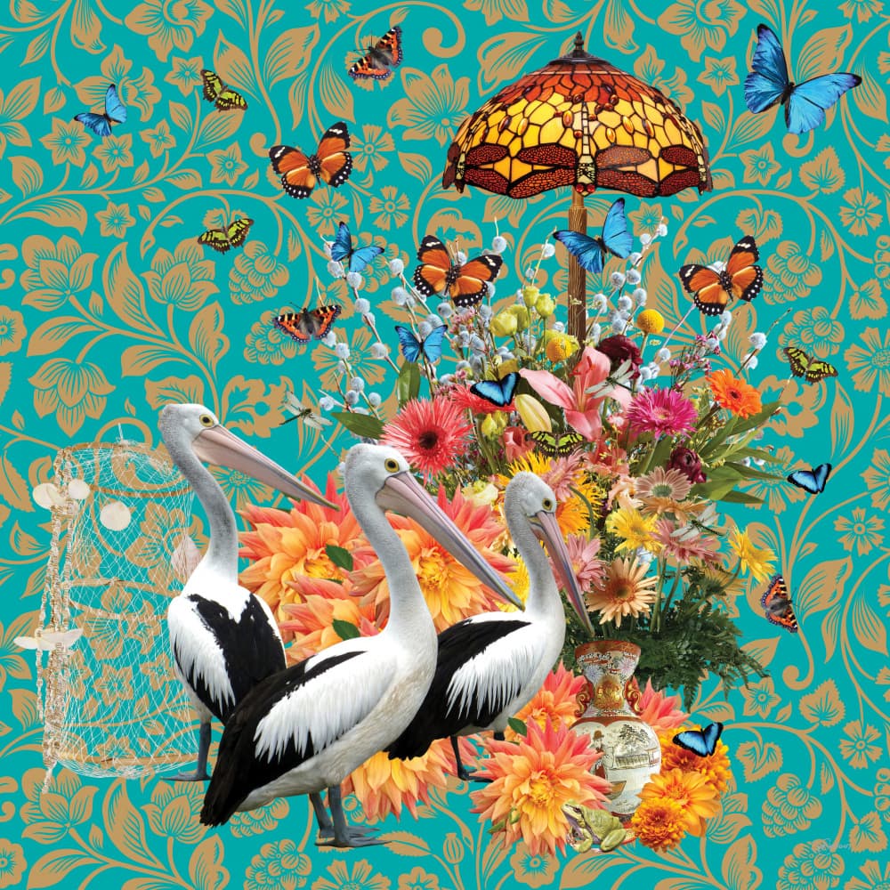 Whimsical Teal Pelican Garden by Sue Skellern — canvas wall art