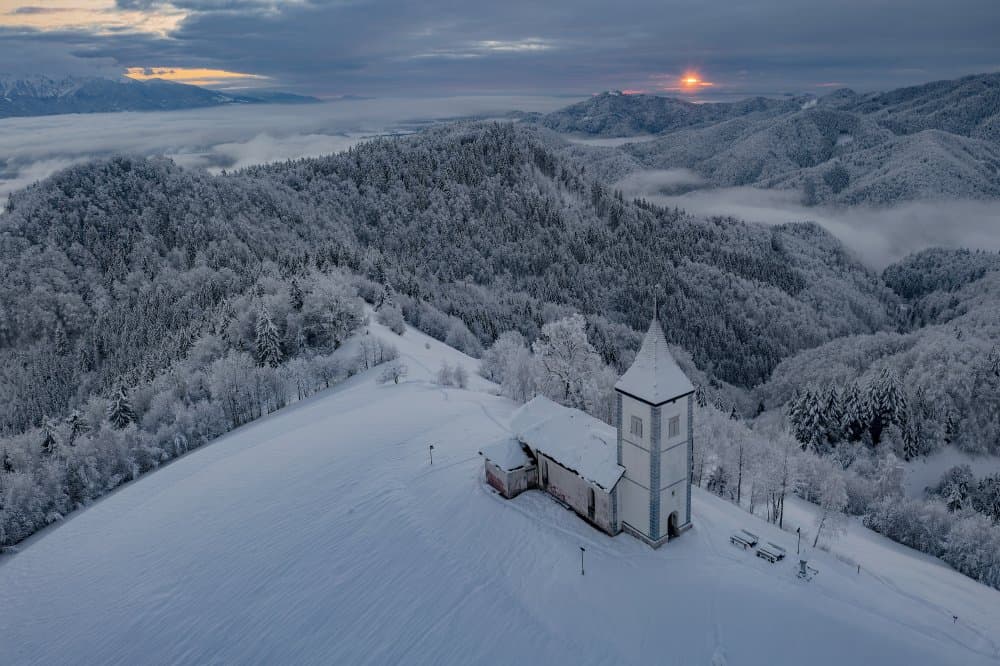 Alpine Church Winter Dawn by Jure Kravanja — canvas wall art