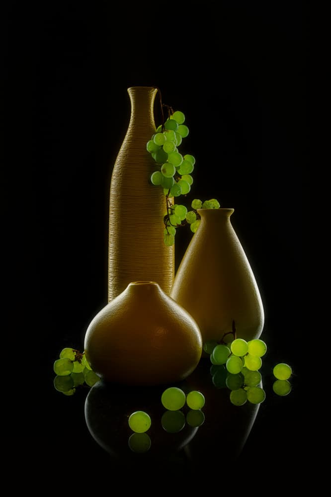 Golden Vases Green Grapes by Lydia Jacobs — canvas wall art