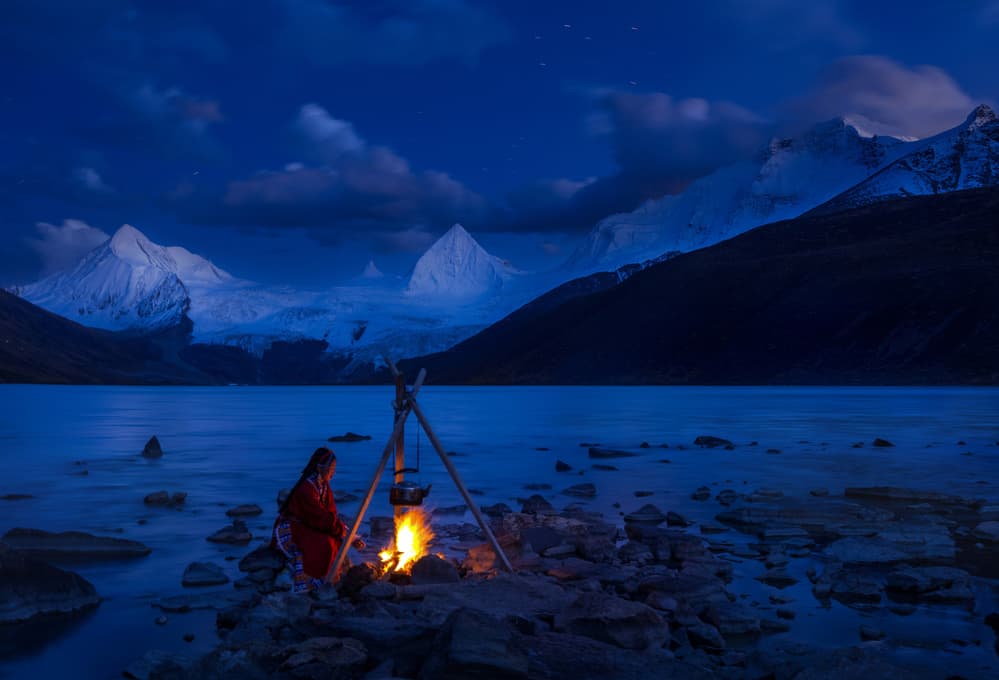 Mountain Lake Night Campfire by Selions(陈磊) — canvas wall art