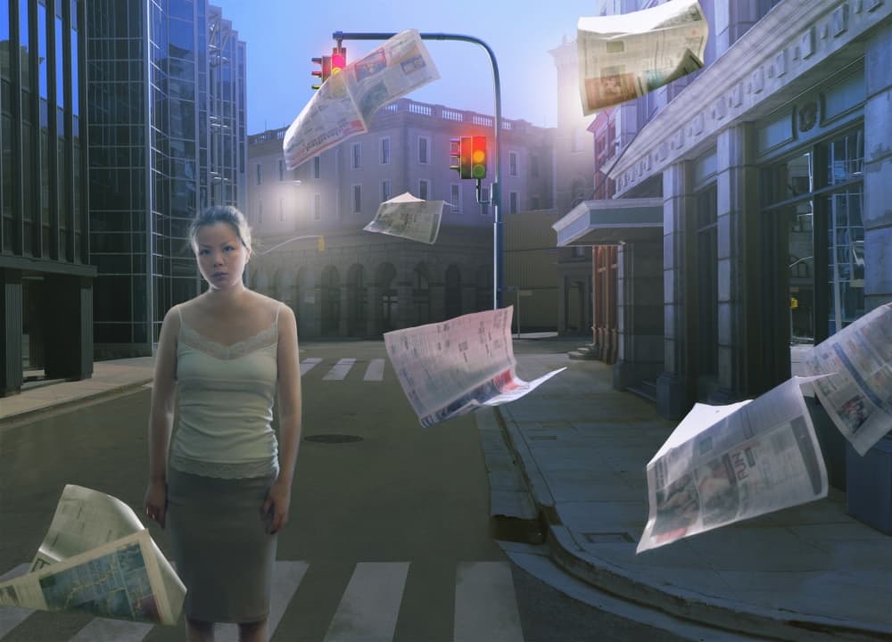 Woman and Flying Newspapers by Fang Tong — canvas wall art