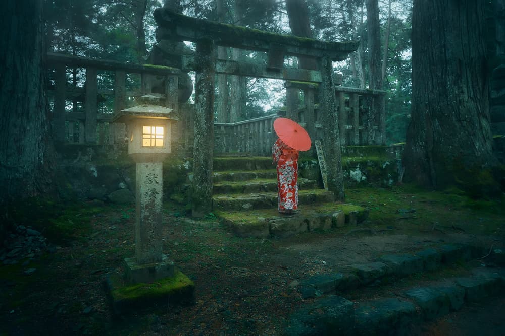 Red Kimono Forest Shrine by Javier de la Torre — canvas wall art