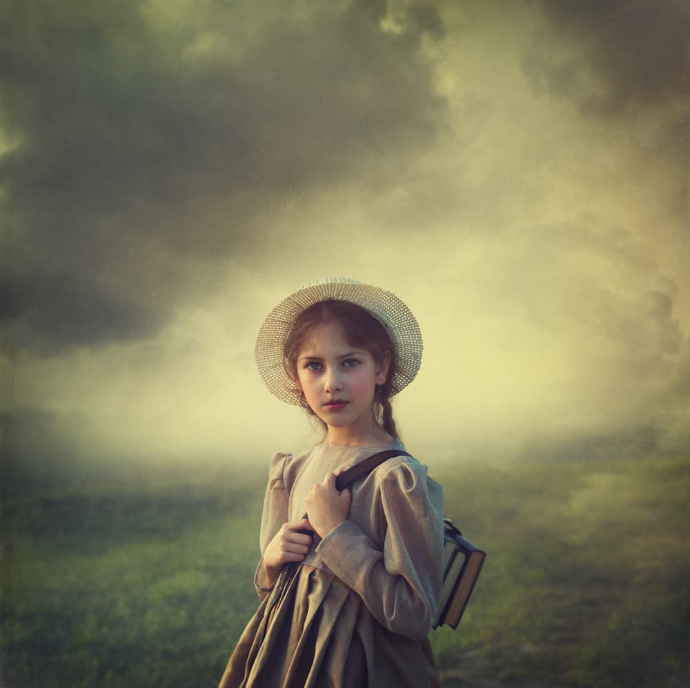 Pensive Girl With Books by Svetlana Melik-Nubarova — canvas wall art